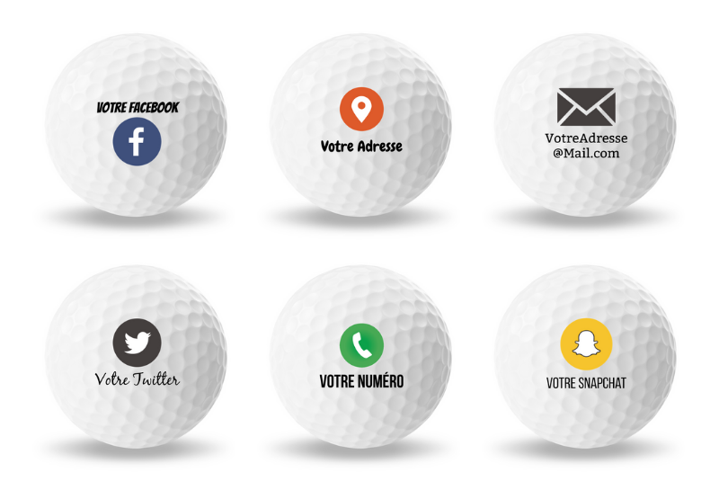 Balle de golf avec coordonnées numéro de téléphone mail réseaux sociaux site internet